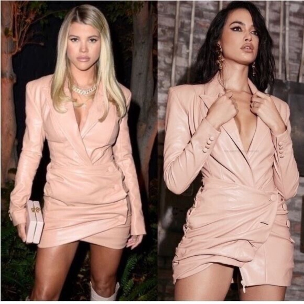 House of CB Peony pink Vegan leather plunge blazer bodysuit S